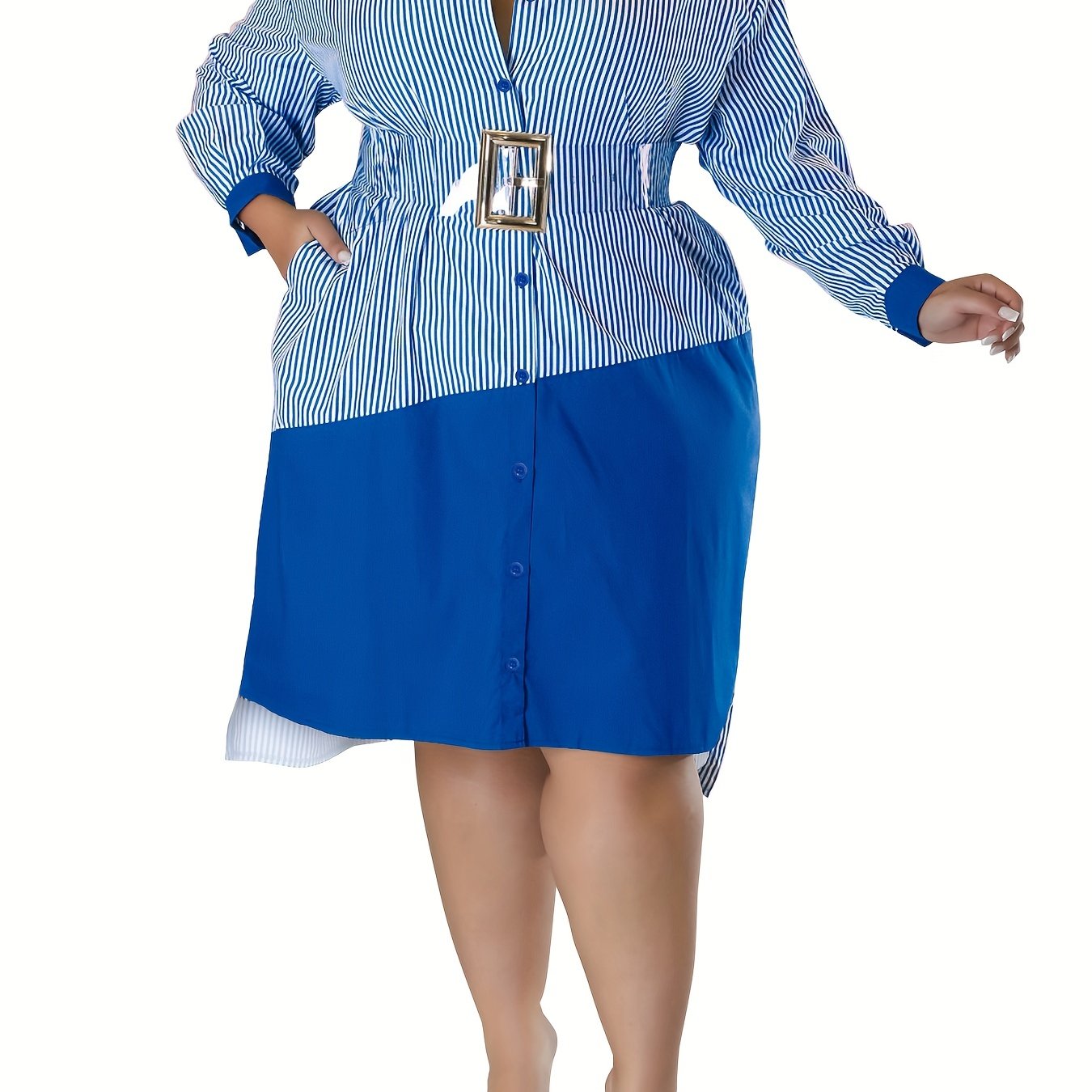  Colorblock Stripe Print Button Up Long Sleeve Midi Shirt Dress
