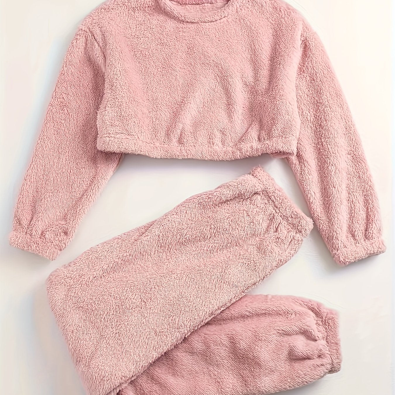  Fuzzy Fleece Pajamas Set Crew Neck Crop Top & Joggers