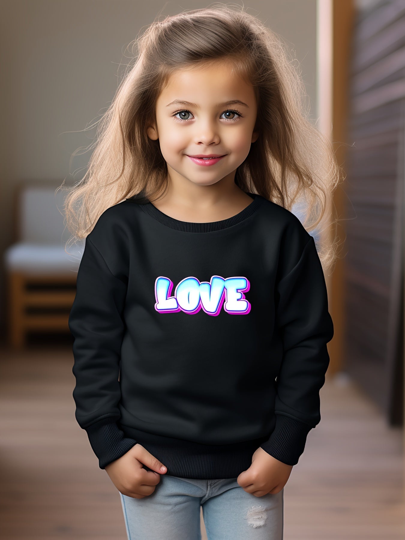 Girls Love Pattern Crew Neck Sweatshirt For Spring Fall Christmas Gift