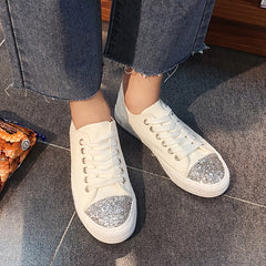 Silver Sequin Decor Canvas Lace-Up Skate Shoes Women's Footwear
