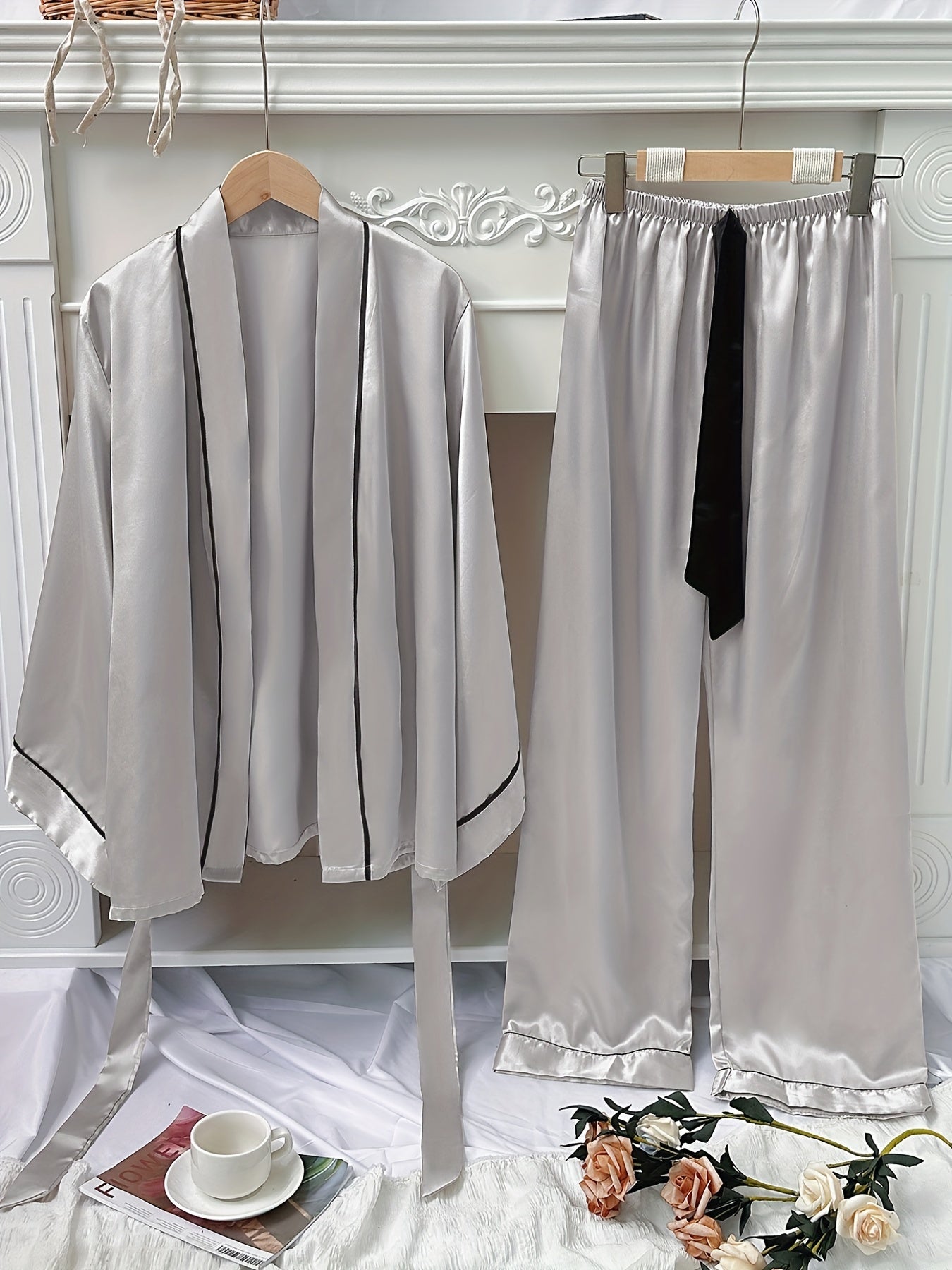 Satin Pajama Set with Long Sleeve Robe & Lace Up Pants