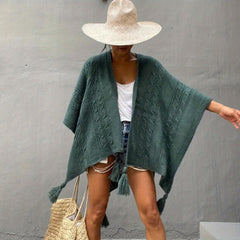 Ribbed Knitted Tassel Shawl Windproof Wrap Poncho Boho Cloak Sweater