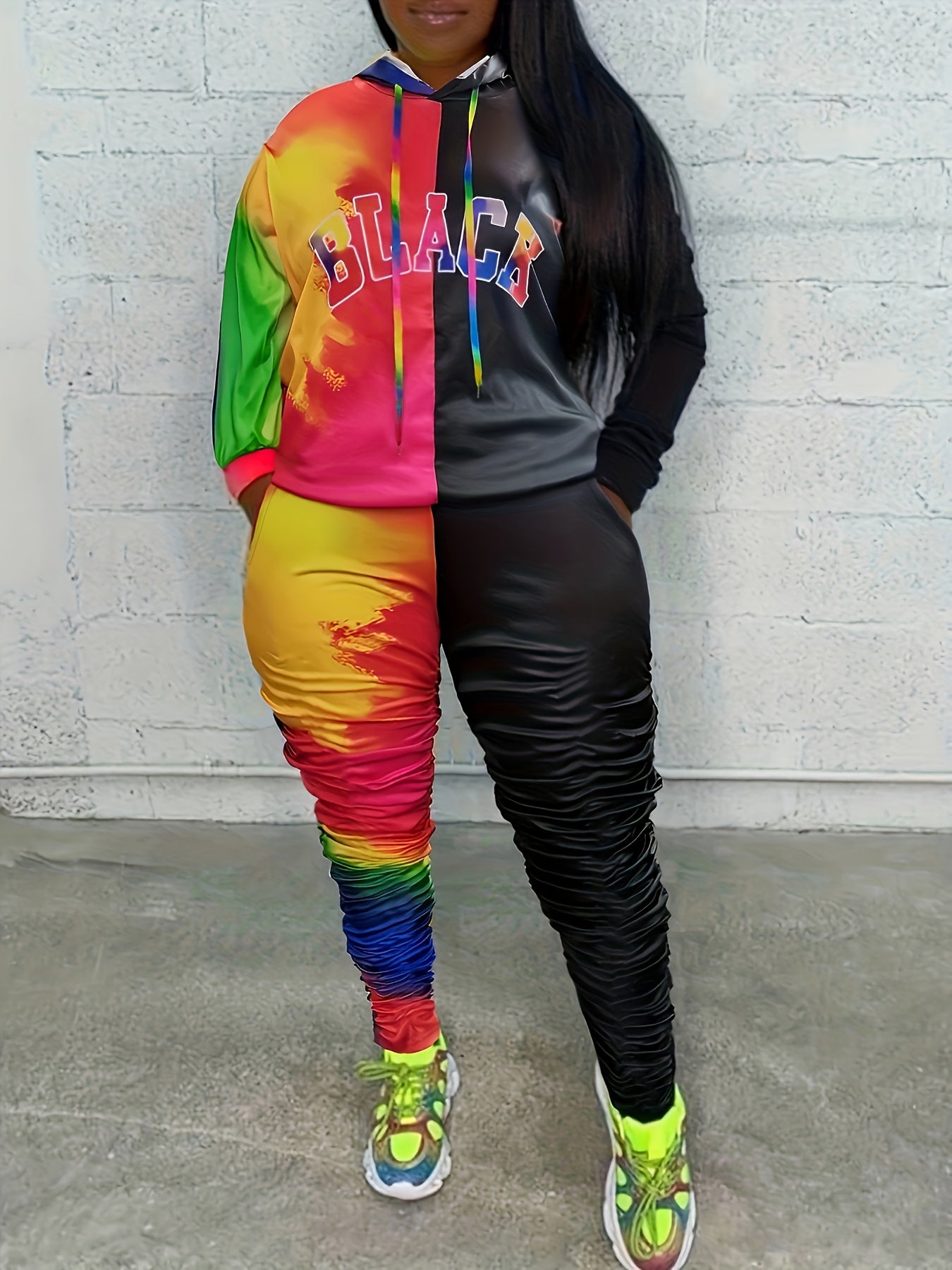  Colorblock Tie Dye Hooded Sweatshirt & Ruched Skinny Sweatpants