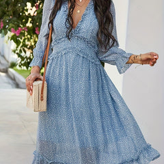  Dalmatian Print Bell Sleeve Maxi Dress