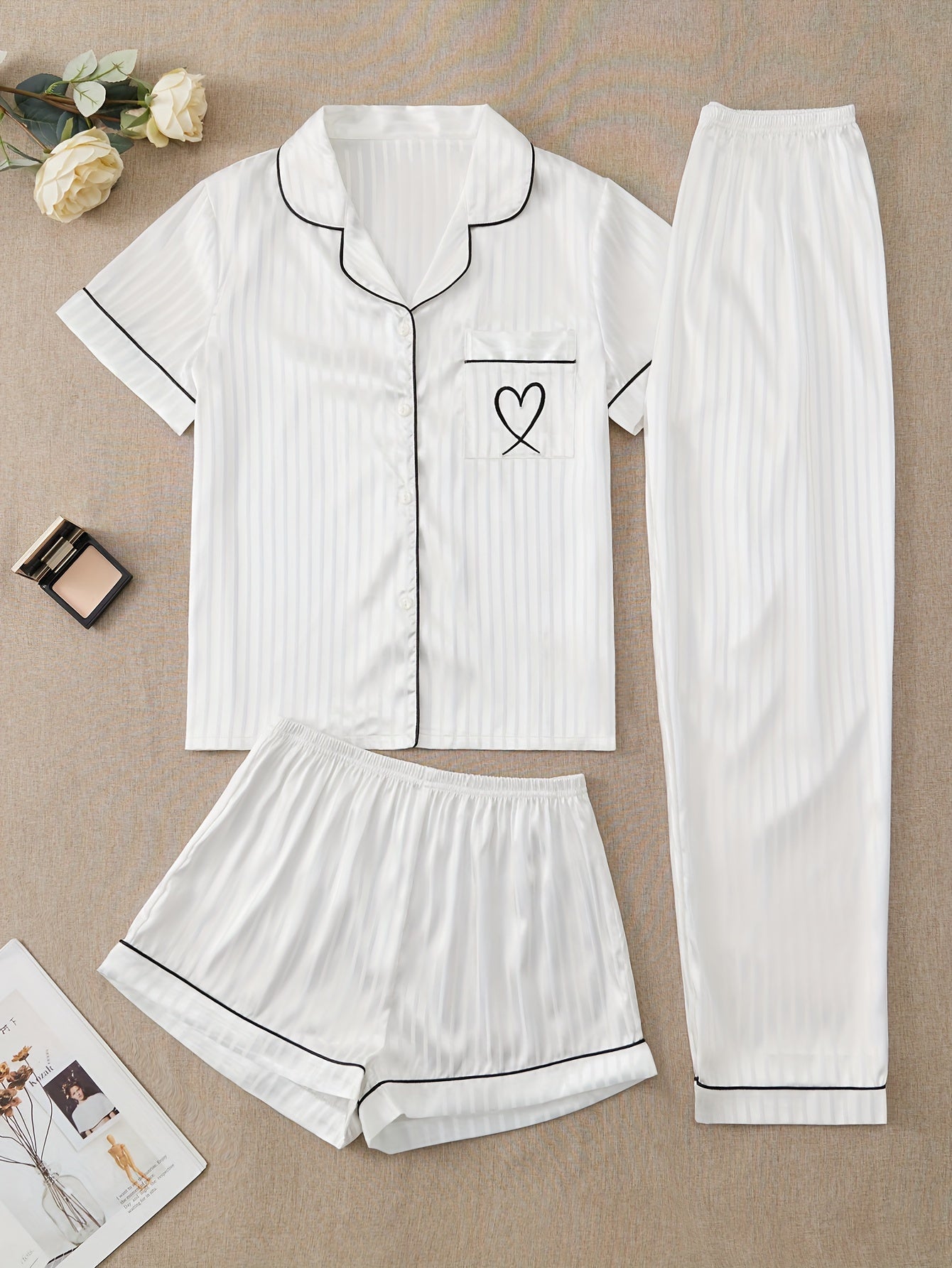 Heart Print Pajamas Set Button Top & Shorts & Pants Women's Sleepwear