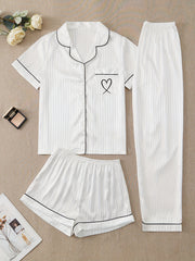 Heart Print Pajamas Set Button Top & Shorts & Pants Women's Sleepwear