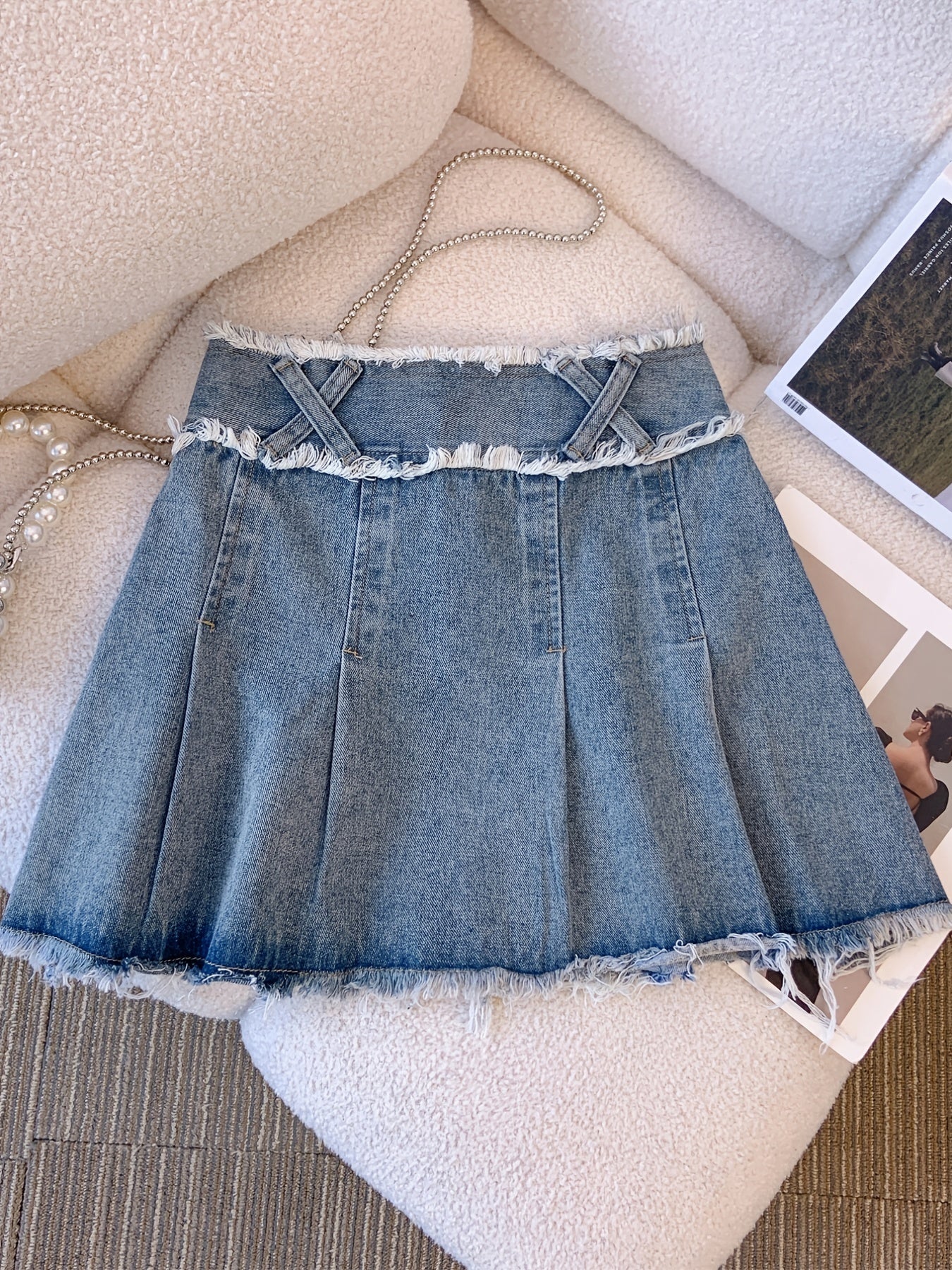 Pleated Double Button Cross Denim Skirt