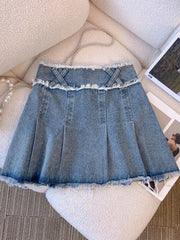 Pleated Double Button Cross Denim Skirt