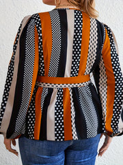  Colorblock Polka Dot Long Sleeve Blouse With Belt