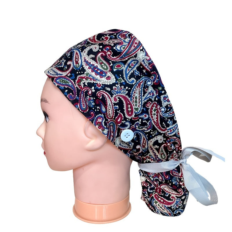 Floral Paisley Print Work Cap Vintage Adjustable Scrub Cap