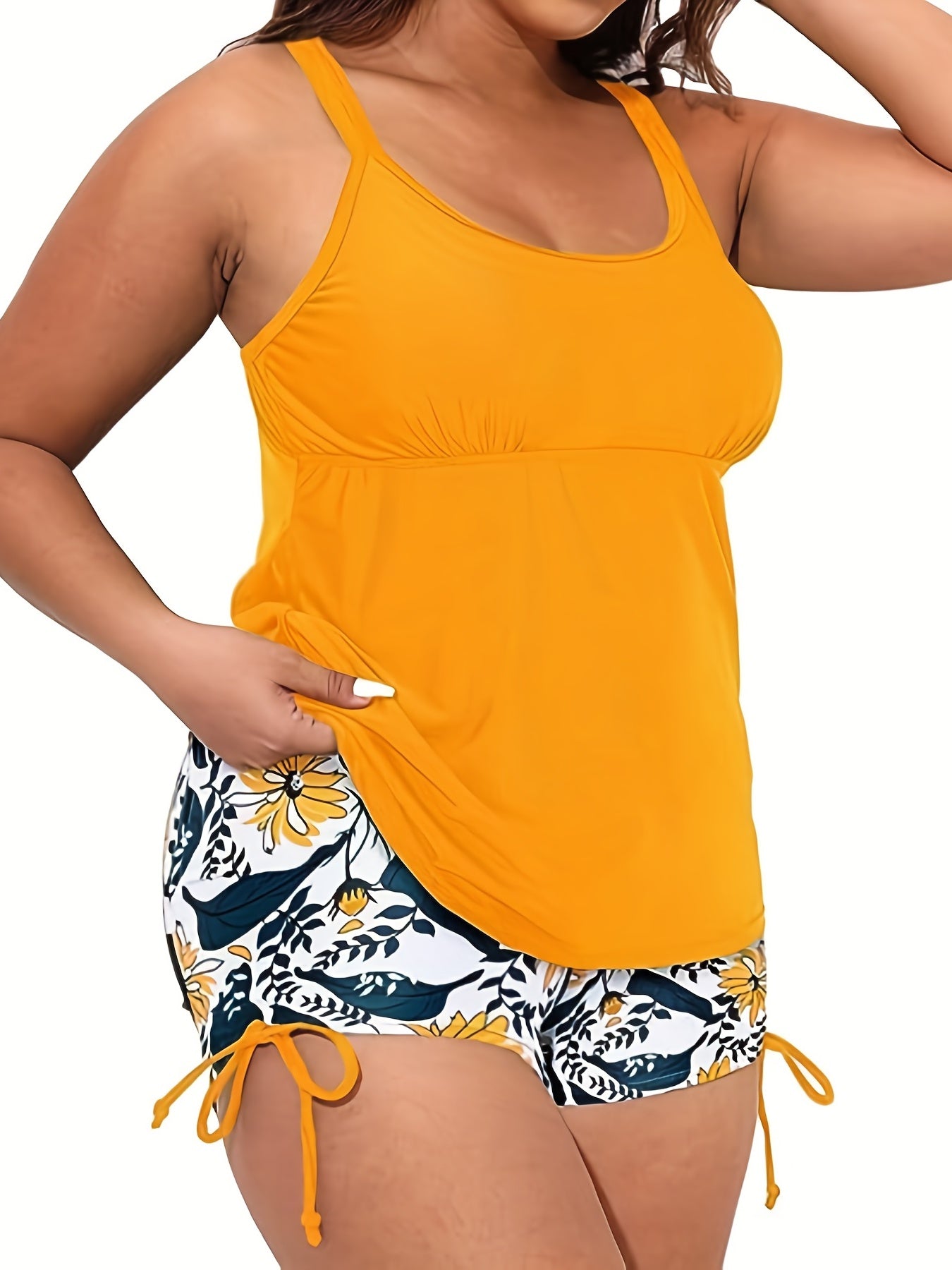  Modest Tankini Set Floral Print Lace Up Shorts Swimsuit 2 Piec