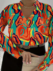  Colorblock Print V Neck Top