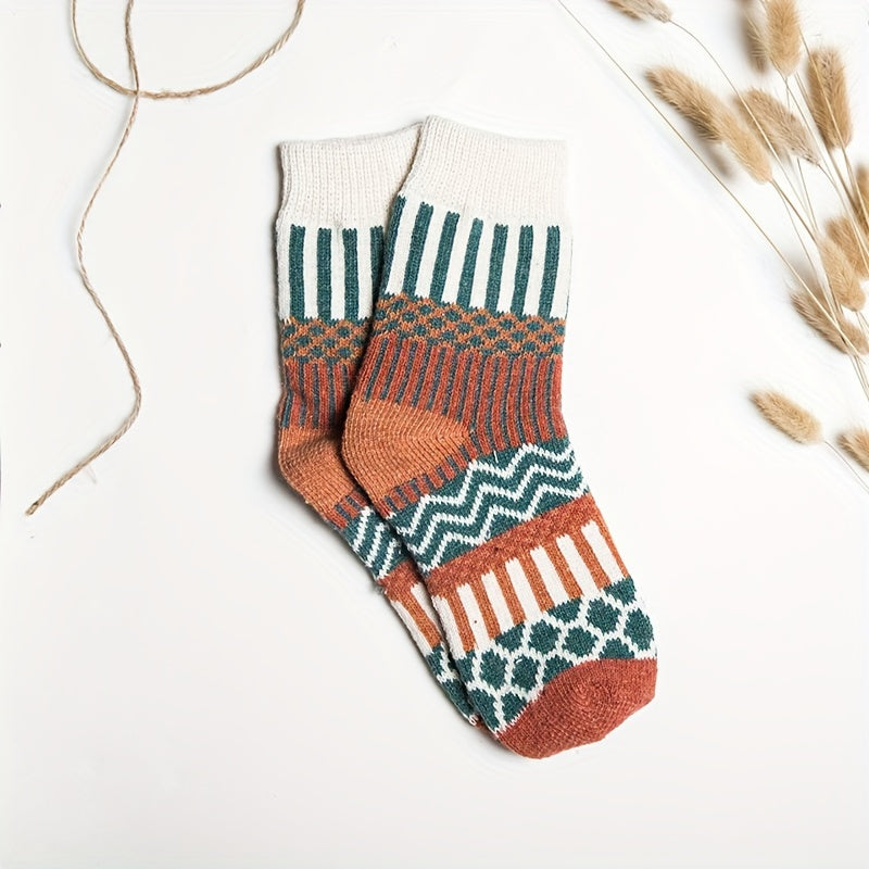 5 Pairs Geometric Pattern Socks Soft Mid Tube Women's Stockings