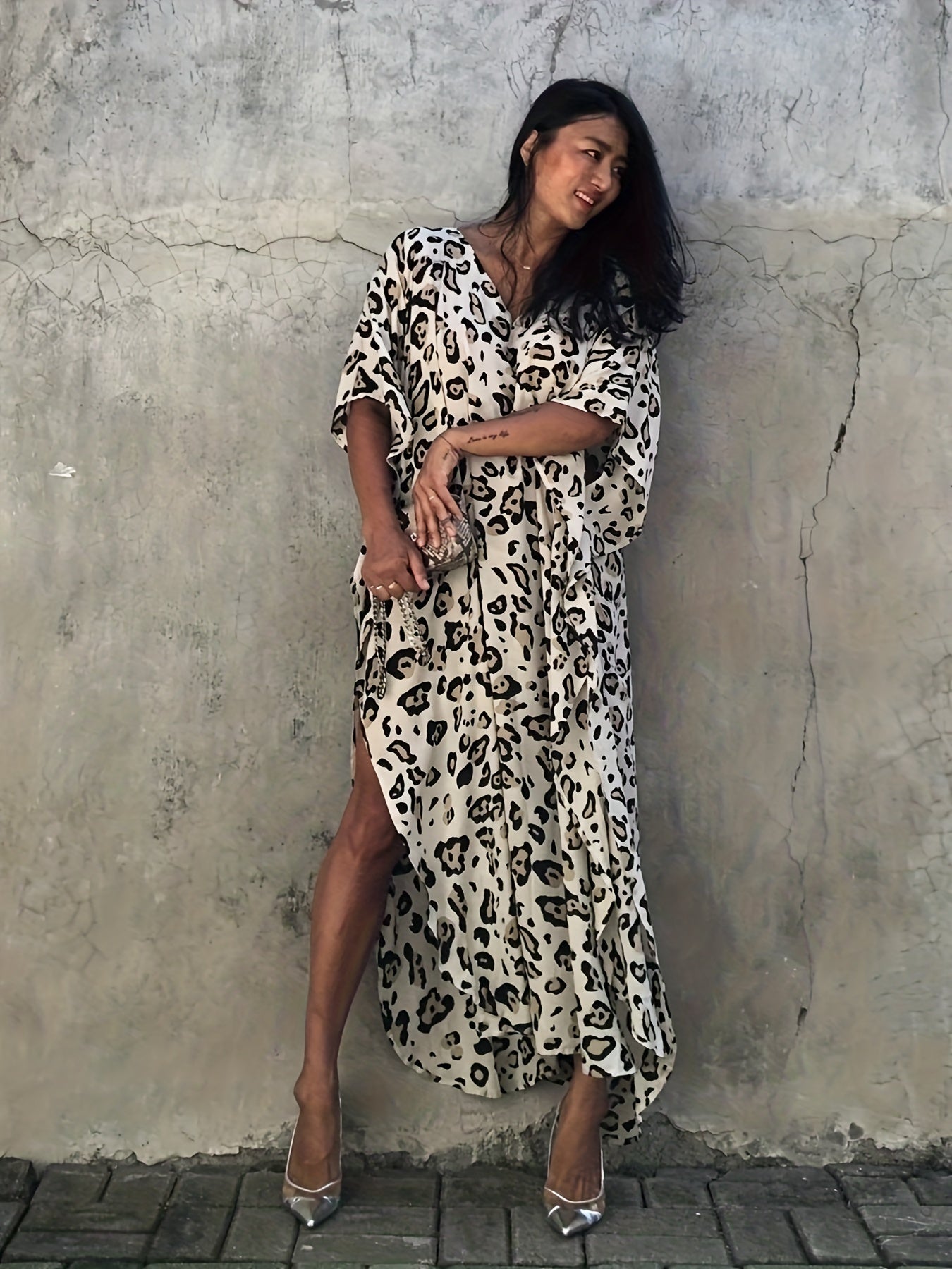 Boho Cover Up Leopard Print Batwing Sleeve V Neck Maxi