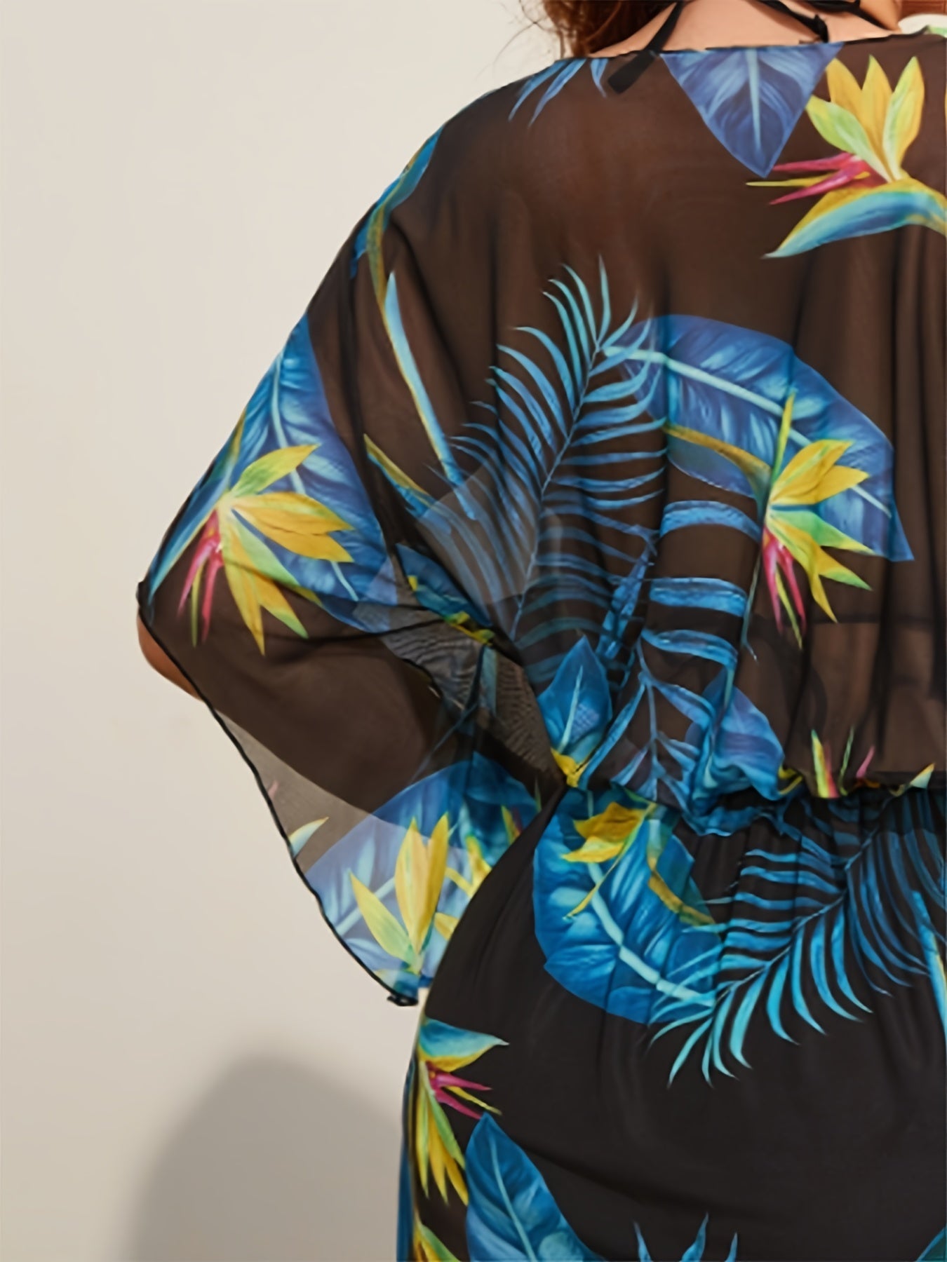  Tropical Print Sheer Cover Up Dress Women's Beachwear Cover Ups