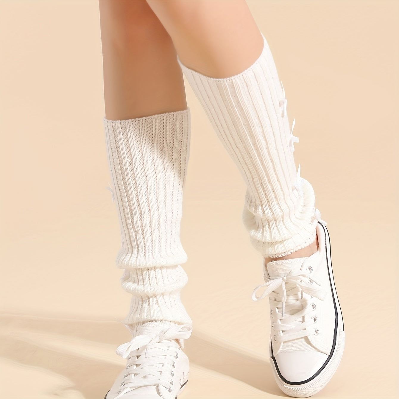 Bow Decor Leg Warmers Knee High Socks Women's Stockings