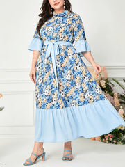  Dress Colorblock Floral Print Ruffle Trim Maxi Dress