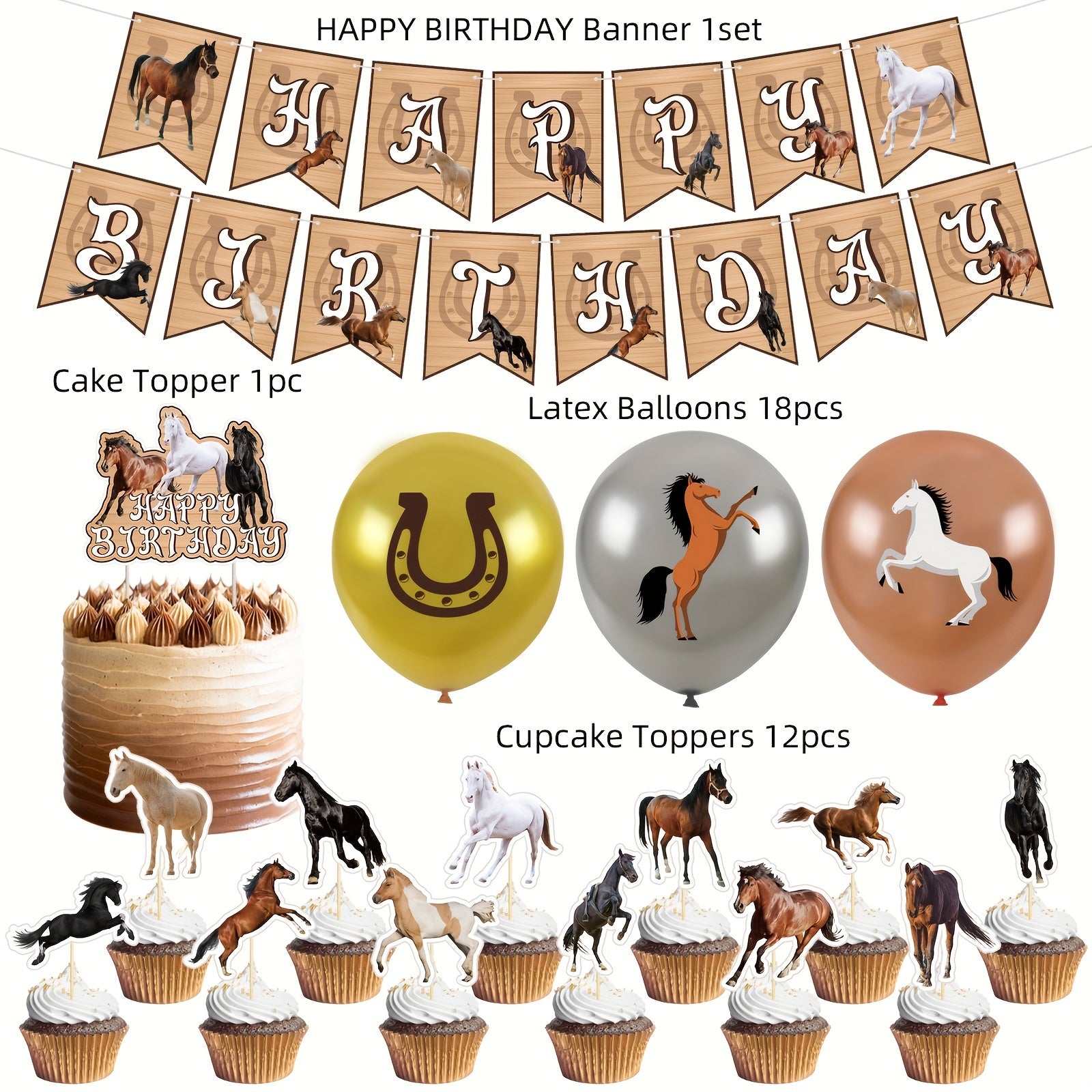 Horse Birthday Party Decoration Set with Balloons, Centerpieces & Tablecloth
