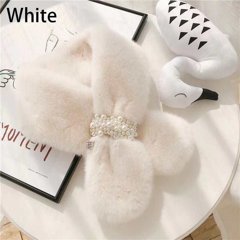 Plush Scarf Rabbit Fur Faux Pearl Winter Warm Cross Scarf