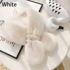 Plush Scarf Rabbit Fur Faux Pearl Winter Warm Cross Scarf
