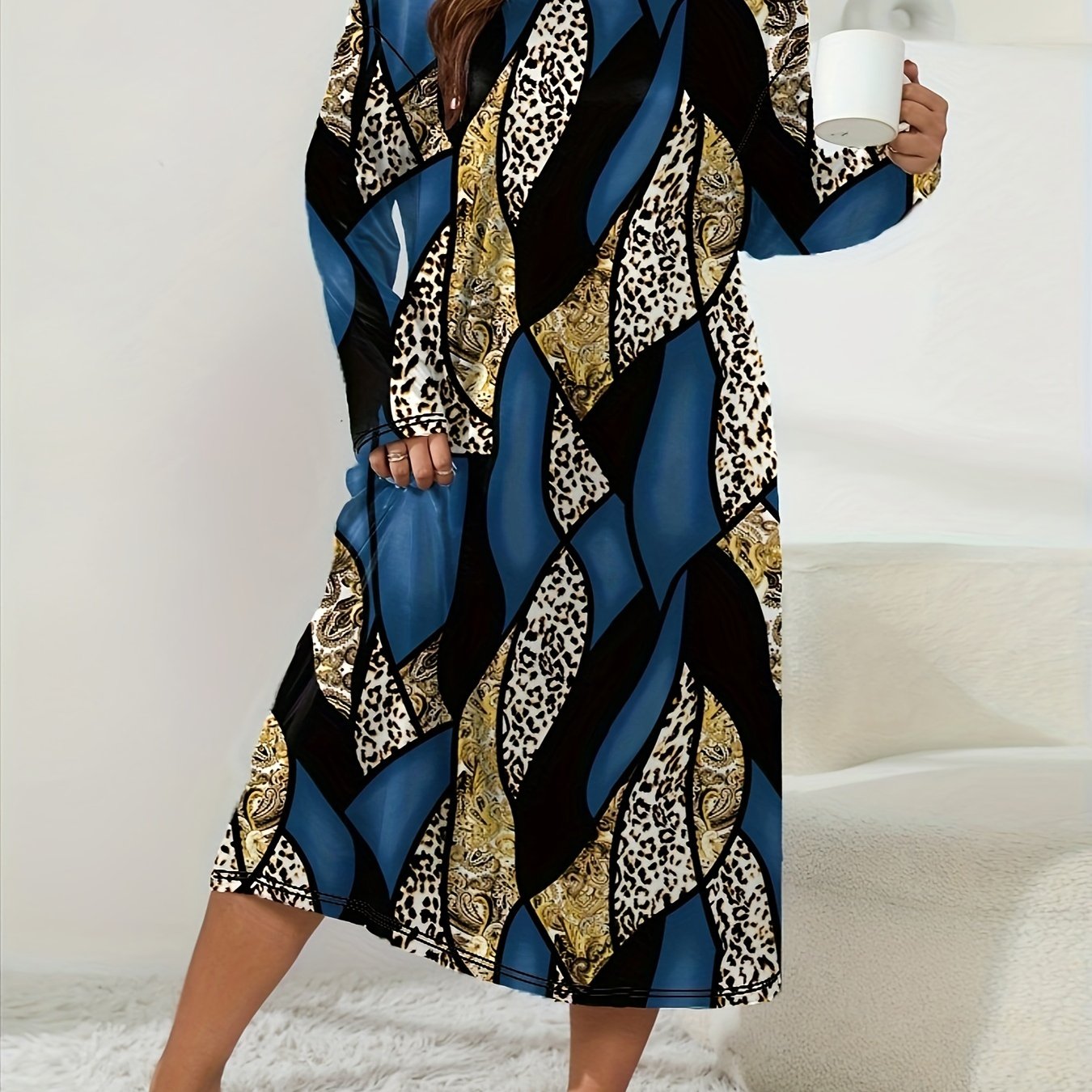  Retro Loungewear Dress Women's Plus Leopard & Paisley Print
