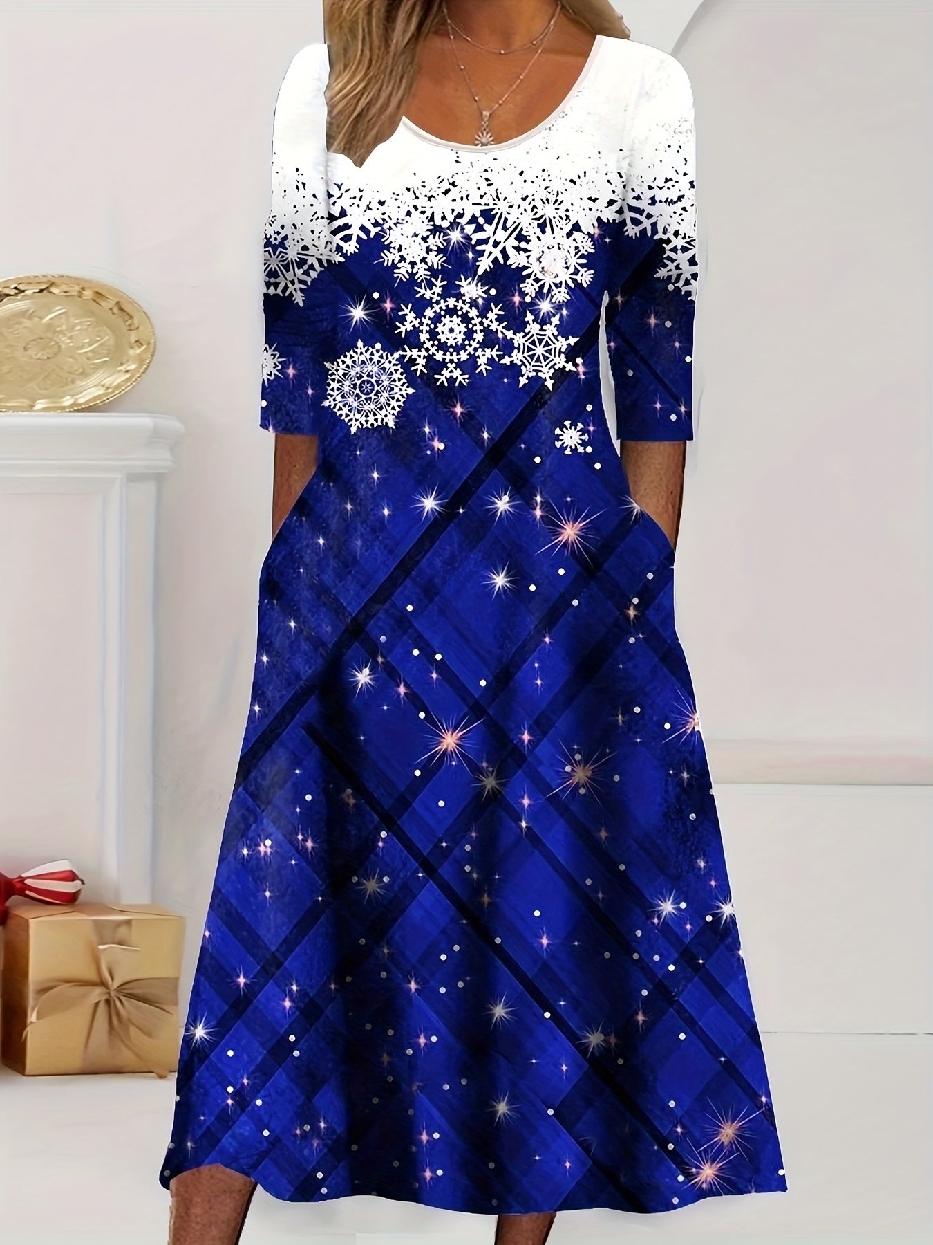  Christmas Dress Plaid & Snowflake Print Long Sleeve Round Neck Dress
