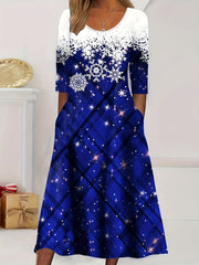  Christmas Dress Plaid & Snowflake Print Long Sleeve Round Neck Dress