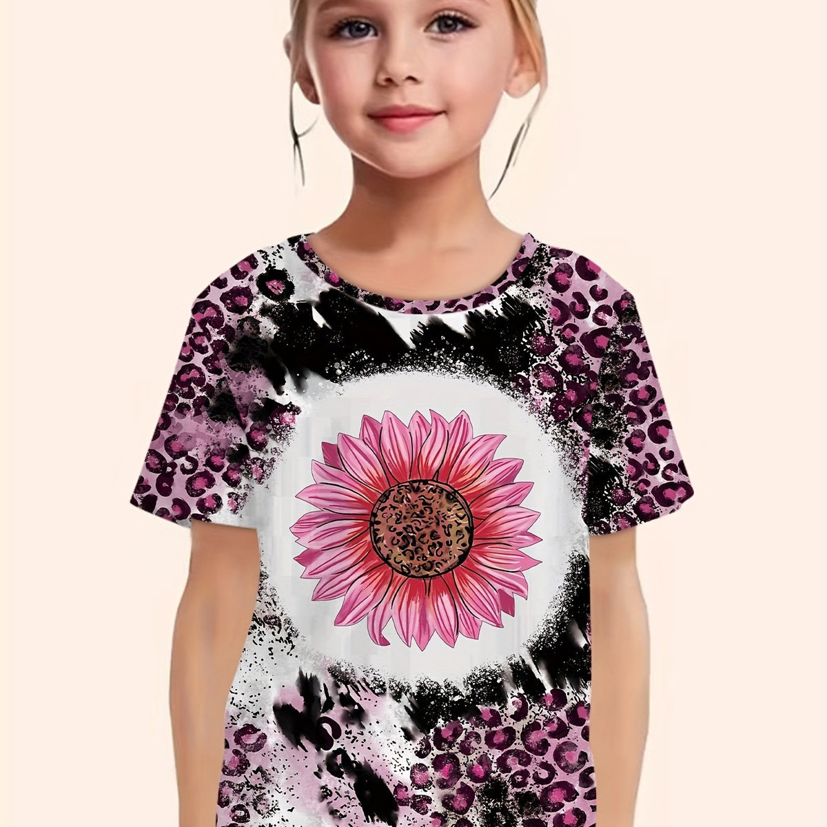 Girls Leopard Print Sunflower Graphic Tee Short Sleeve T Shirt