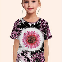 Girls Leopard Print Sunflower Graphic Tee Short Sleeve T Shirt