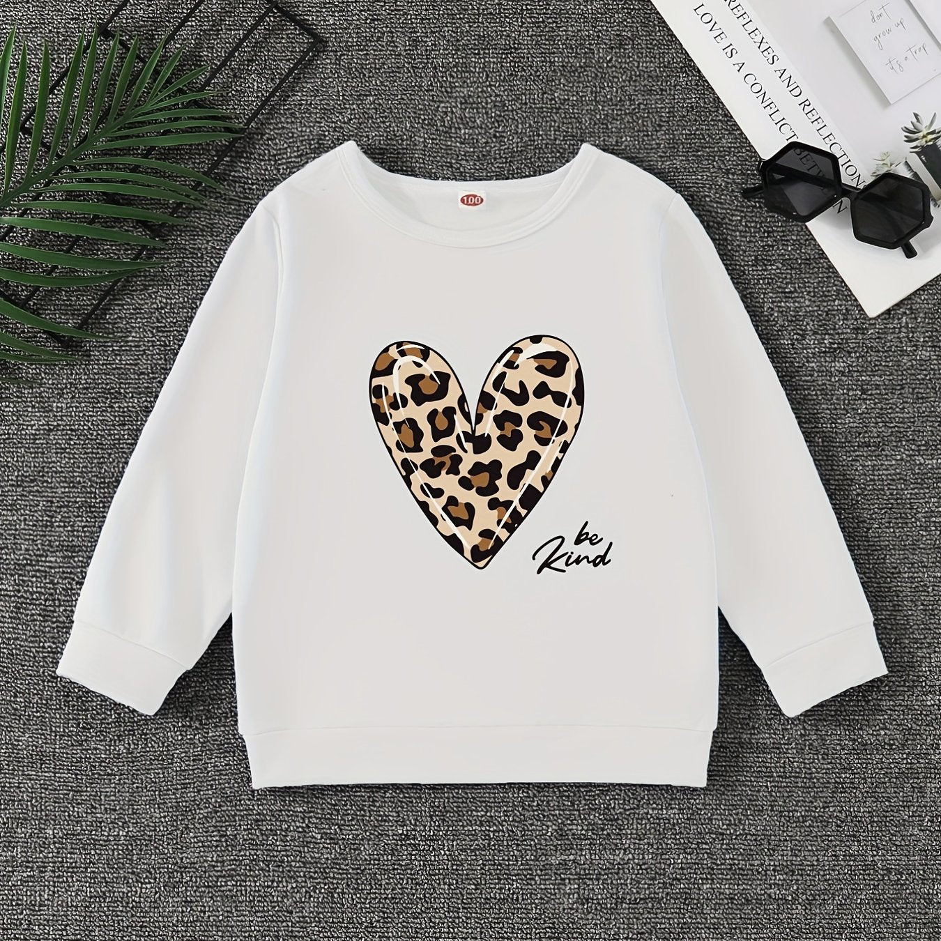 Leopard Heart Graphic Round Neck Pullover For Girls