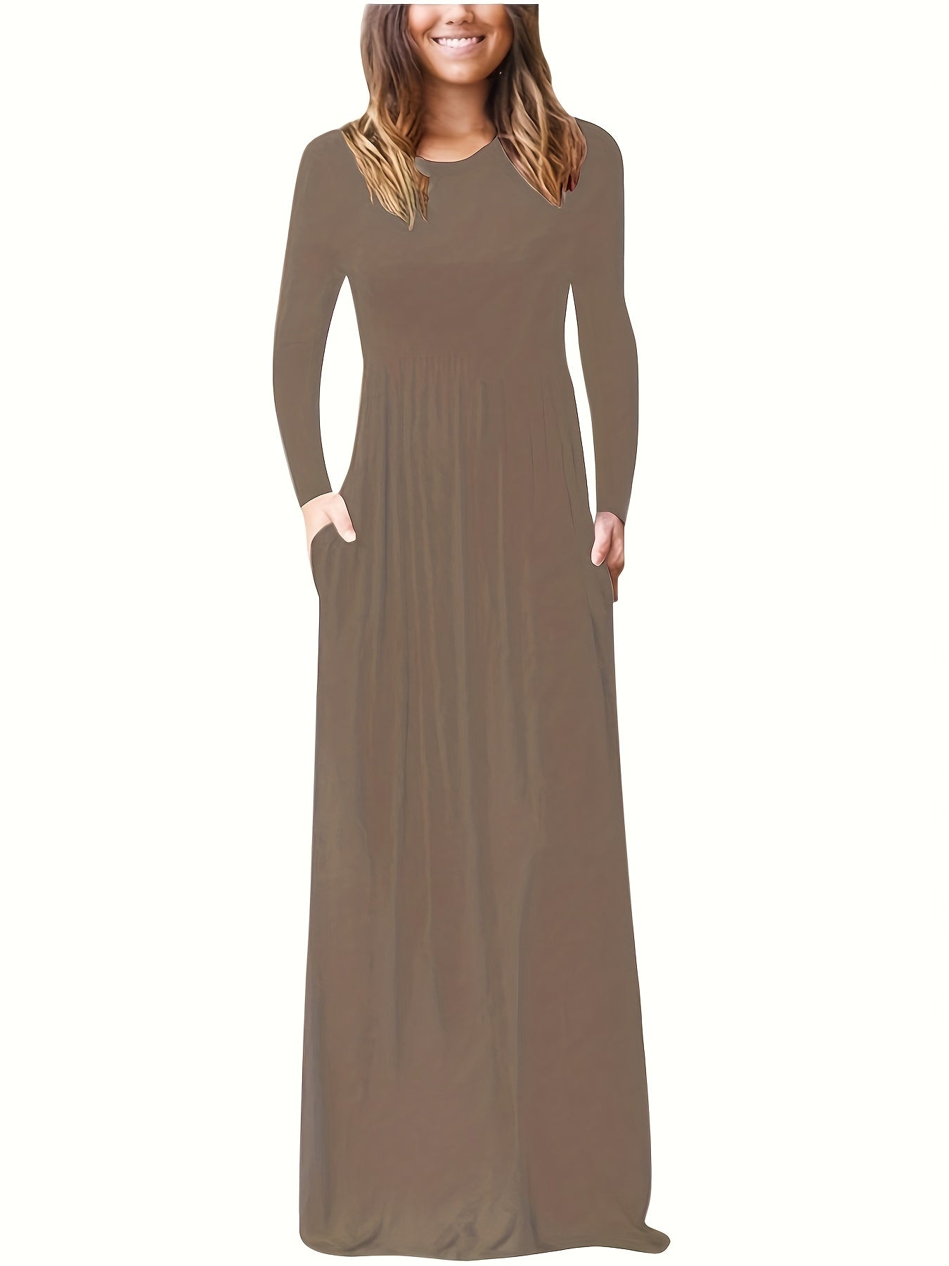  Solid Long Sleeve Maxi Dress
