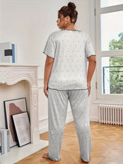  Polka Dot Pajama Set Short Sleeve Tee & Pants Lounge Two Piece
