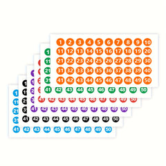 Waterproof Numbered Labels/Stickers 1-50, 6 Colors, Strong Adhesion