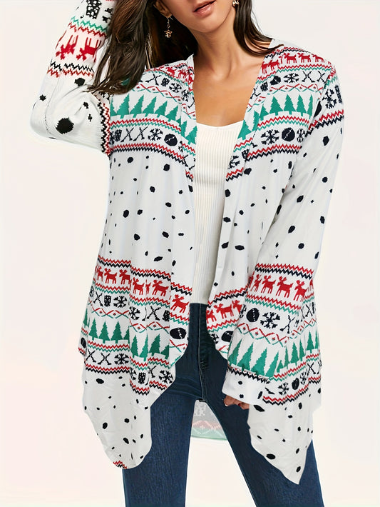  Christmas Casual Cardigan Women's Plus Reindeer & Geo Striped Long Sle