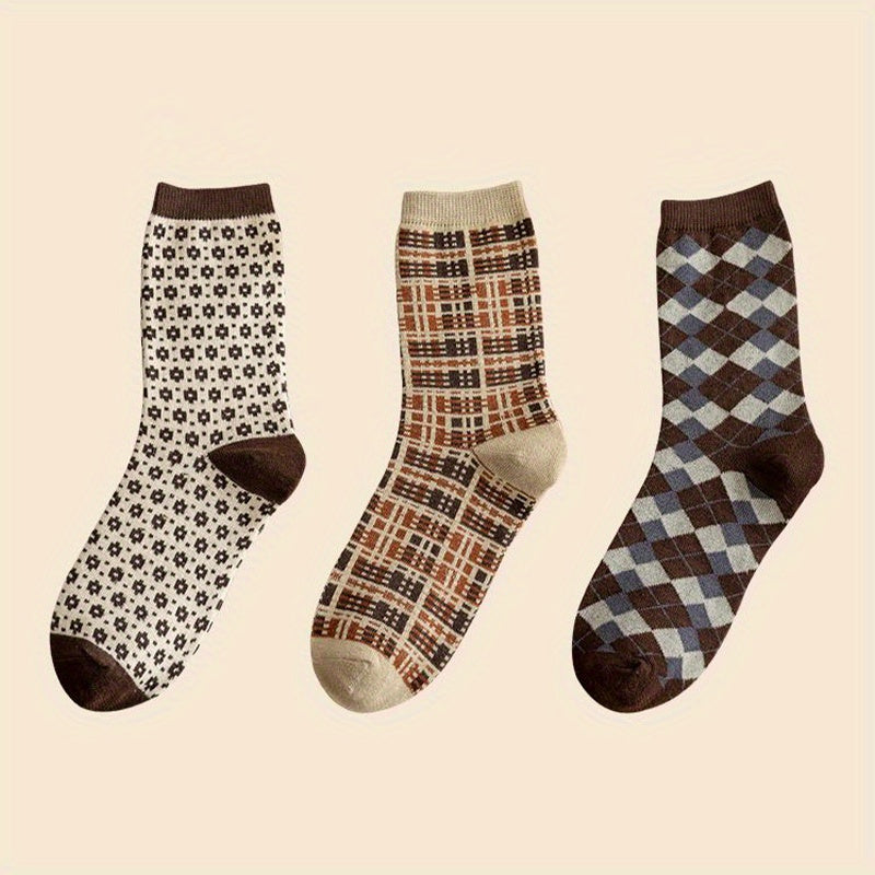 Floral & Plaid Print Socks Retro College Style Women's Stockings