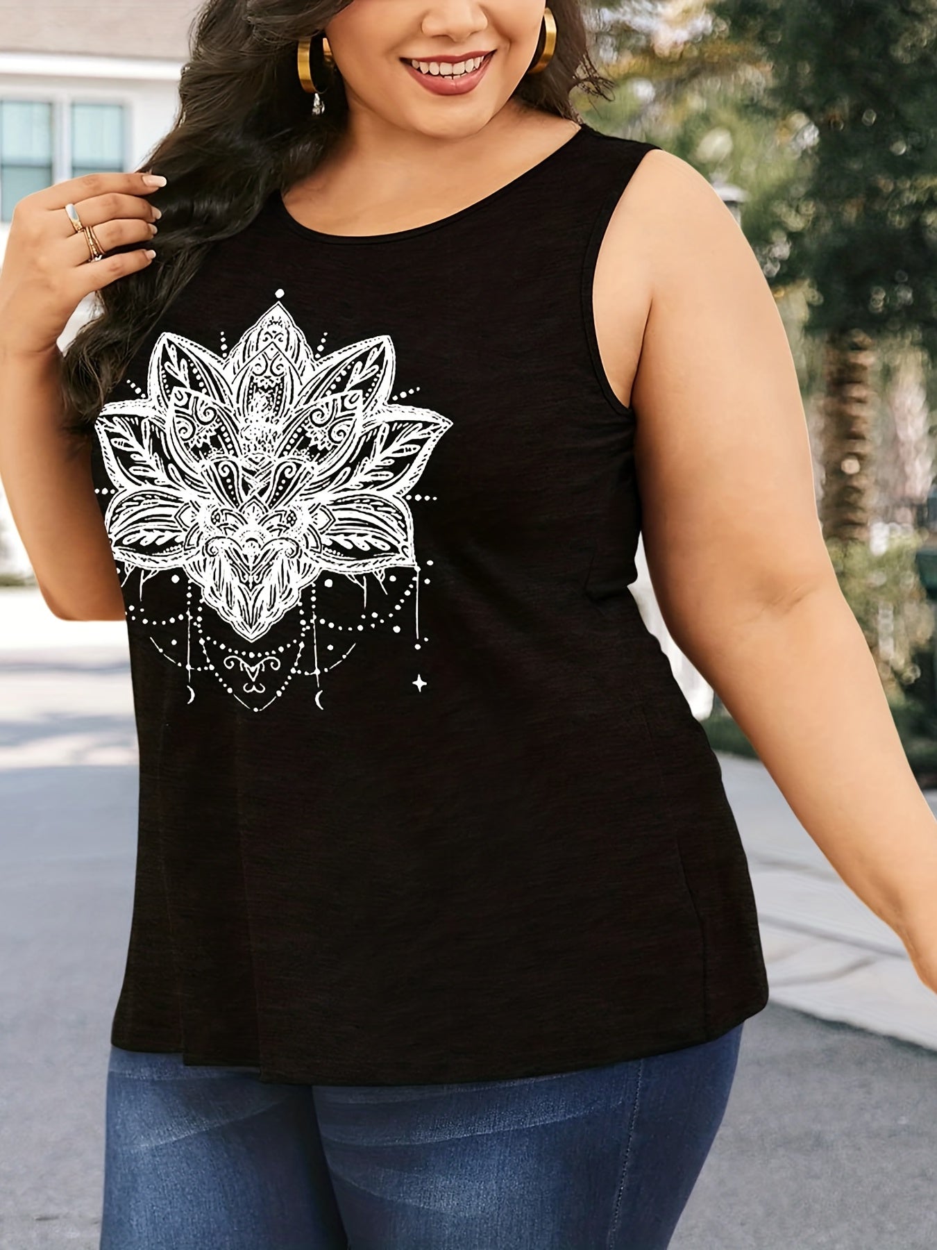  Lotus Print Tank Top Round Neck Medium Stretch