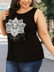 Lotus Print Tank Top Round Neck Medium Stretch