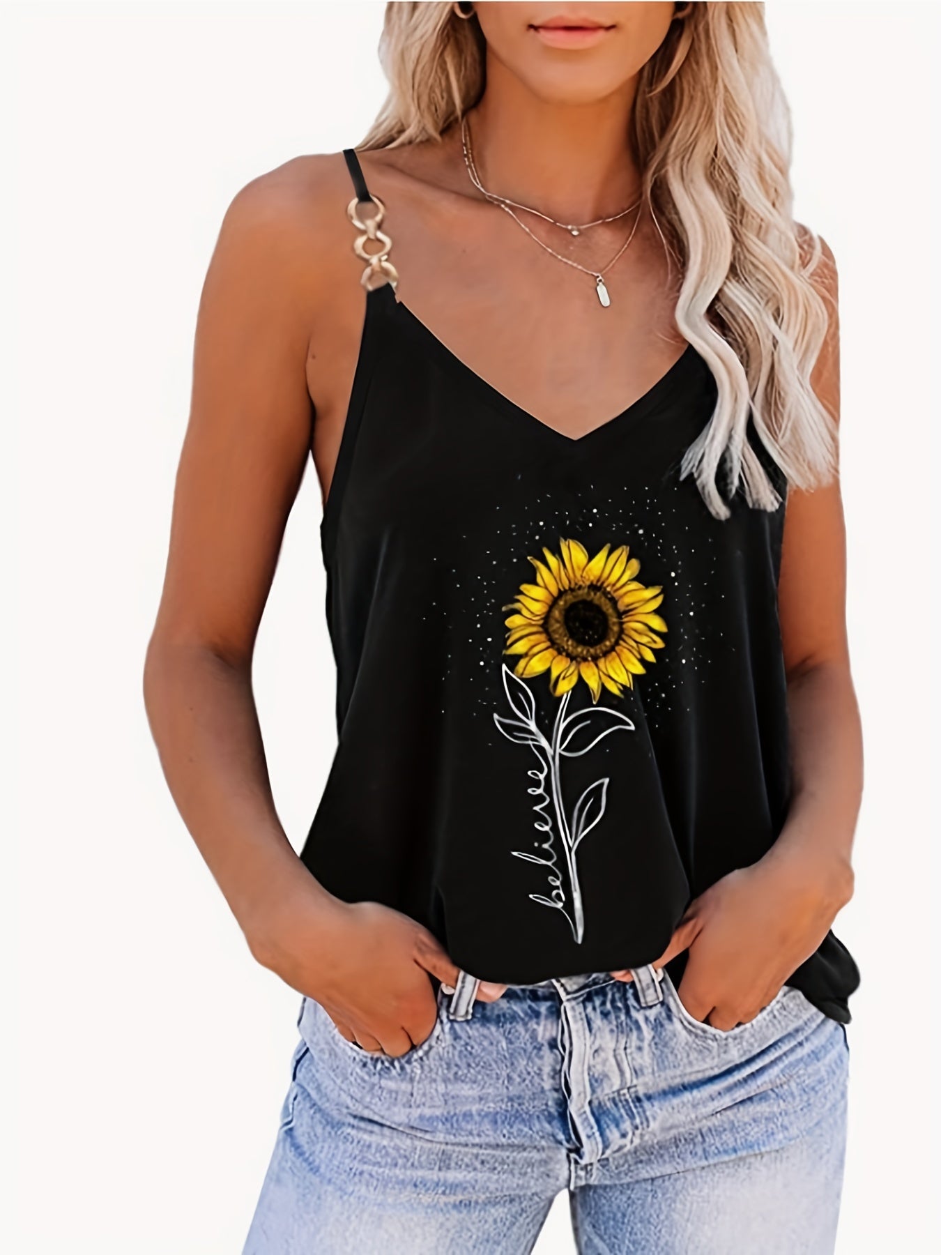 Sunflower Print Chain V Neck Cami Top