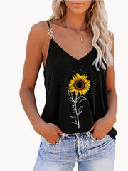  Sunflower Print Chain V Neck Cami Top
