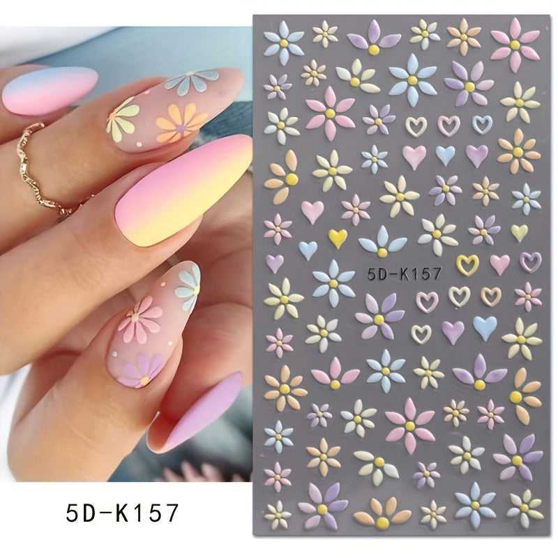 5D Embossed Flower & Heart Nail Stickers Colorful Spring Nail Art Decals