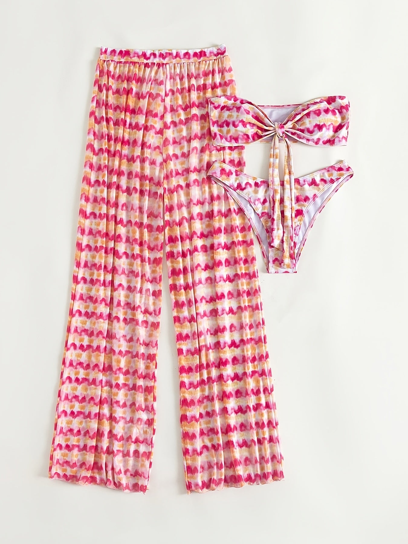 Tie Dye Knot Front Bandeau Bikini Set with Cover Up