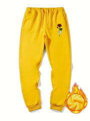 Men's Rose Flower Print Drawstring Fleece Sweatpants