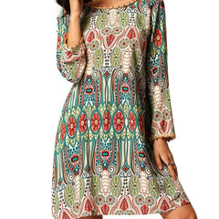 Women's Plus Allover Print Frill Trim Long Sleeve Round Neck Pleated Dress