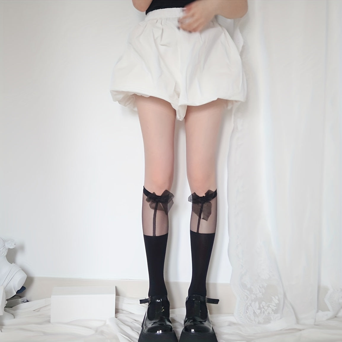 2 Pairs Bow Mesh Stitching Calf Socks Knee High Women's Stockings