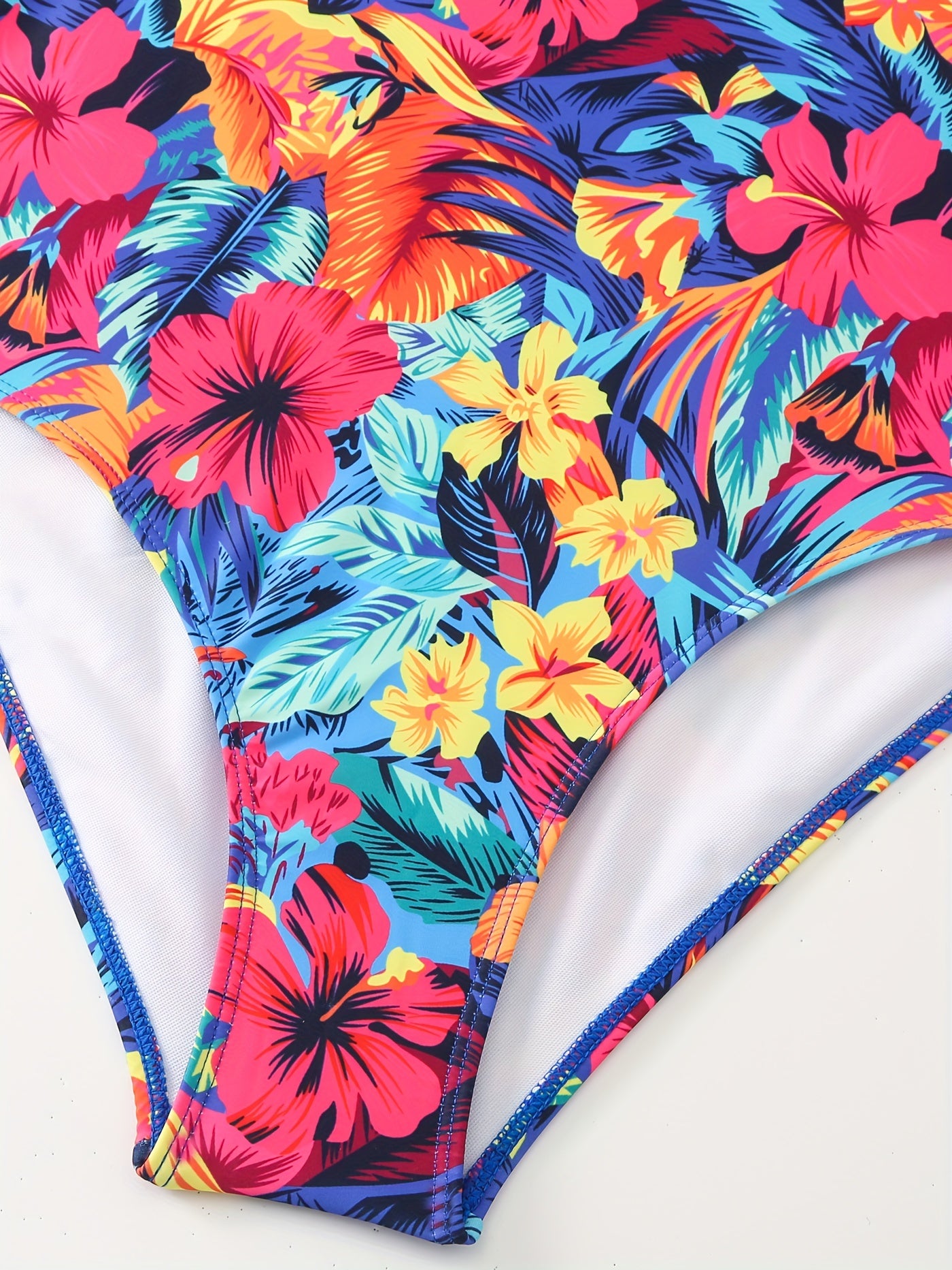  Floral Print V Neck Ruffle Trim One Piece Bathing Suit