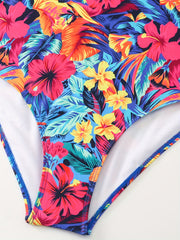  Floral Print V Neck Ruffle Trim One Piece Bathing Suit