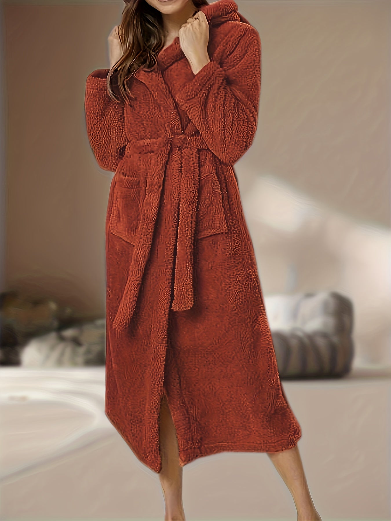  Hooded Fleece Sleepwear Robe with Belt & Pockets