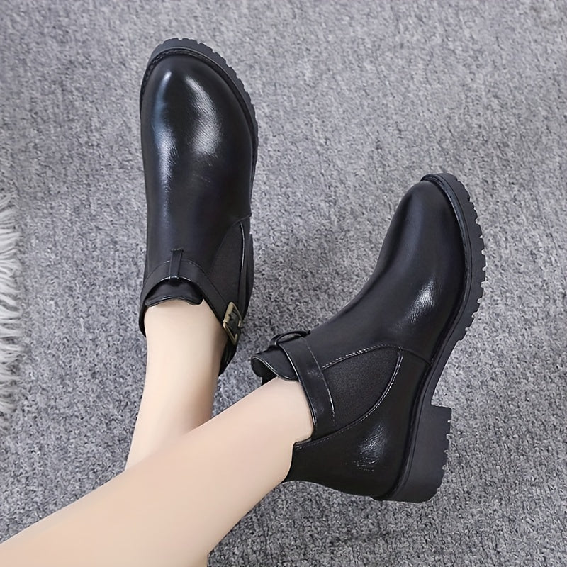Women's Buckle Ankle Boots Round Toe Block Heel Shoes