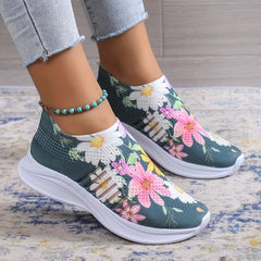 Women's Floral Flat Shoes Slip On Low Round Toe Casual Comfy Light Shoes