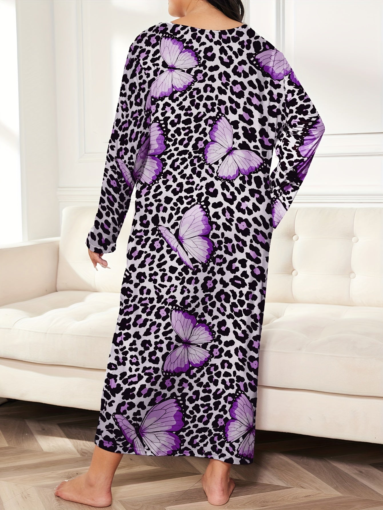  Leopard & Butterfly Print Long Sleeve Nightdress